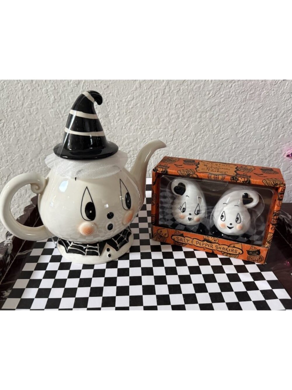 4pc Johanna Parker Transpac Halloween Ghost Teapot Salt Pepper Shaker Set Retro